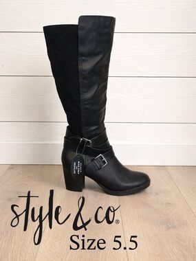 👢💜🔥 NEW Style & Co Jomaris Black Knee High Boots Size 5.5 Faux Leather